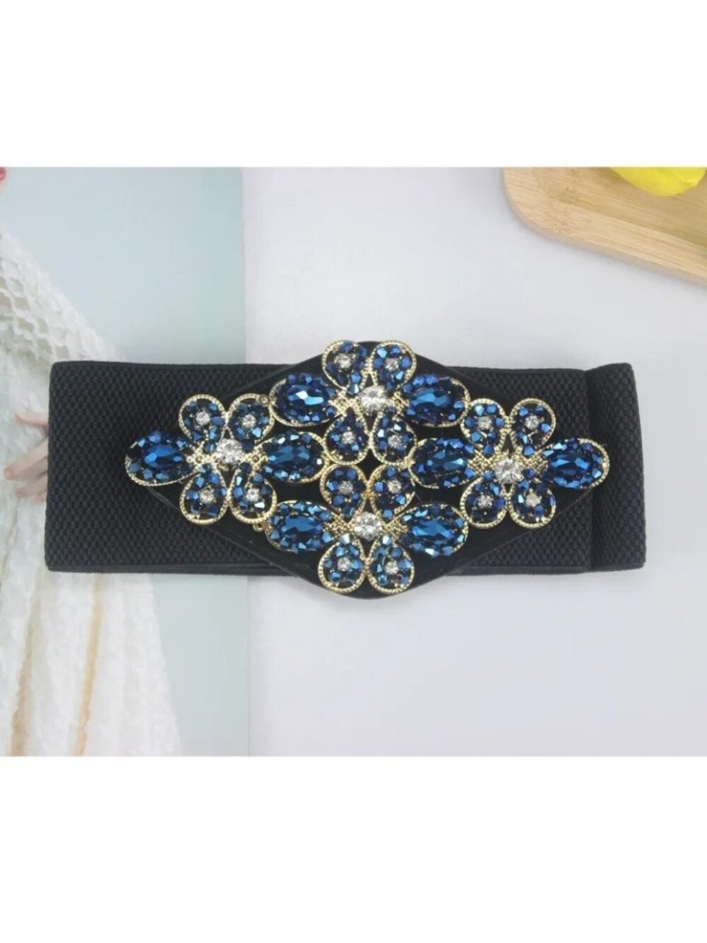 NEW 2/$30 Vintage Style Begonia Blue Rhinestone Black Stretch Belt Snap Closure